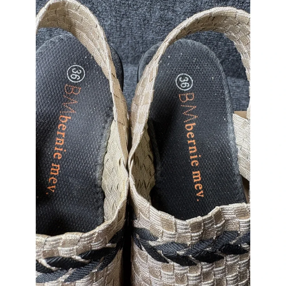Bernie Mev Braided Level Light Gold Black Woven Wedge‎ Sandals Womens 6 36